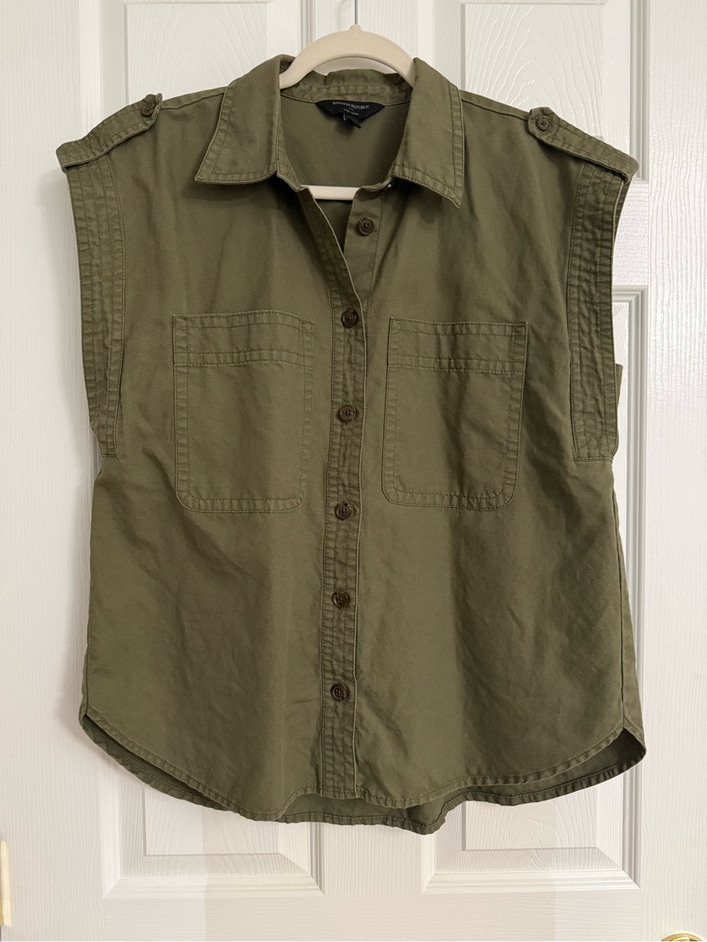 Banana Republic Olive Green Sleeveless Button-Down Utility Shirt